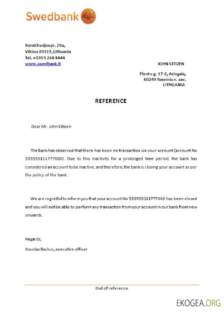 Référence Lituanie , Swedbank , closure